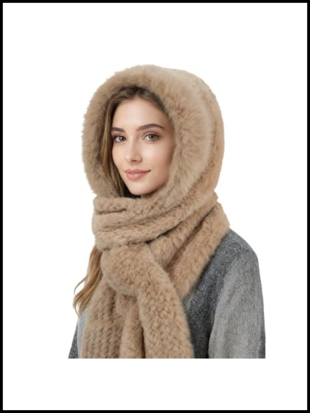 3-in-1 Faux Fur Hooded Scarf Gloves Set with Pocket Winter Neck Warmer